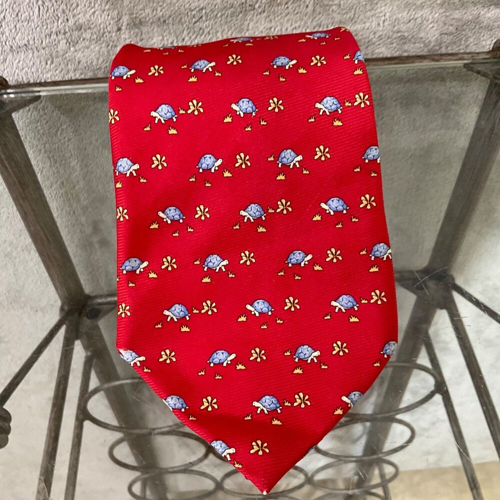 RICHEL Silk Tie 60.3/4 “Long novelty AOP Red/blue turtles handmade in Spain